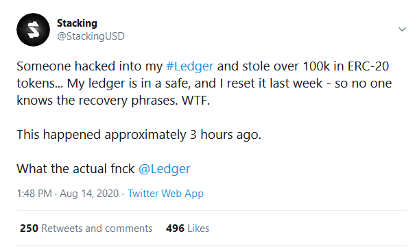 Trader Loses 100,000 in ERC-20 Tokens after His Ledger Wallet Got Compromised By Hackers