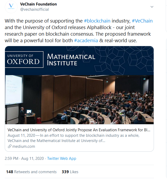 VeChain and University of Oxford in Joint Research to Support Blockchain Industry