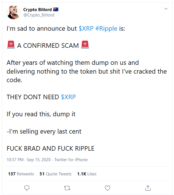 Ripple XRP Is a Confirmed Scam, I’m Selling Every Last Sent –Crypto Bitlord