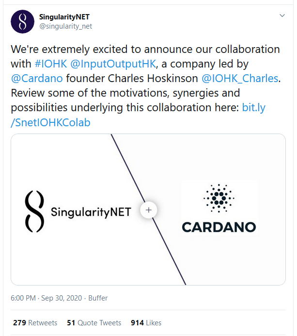 AI Platform SingularityNET Announces Plan to Move from Ethereum to Cardano in Collaboration with IOHK