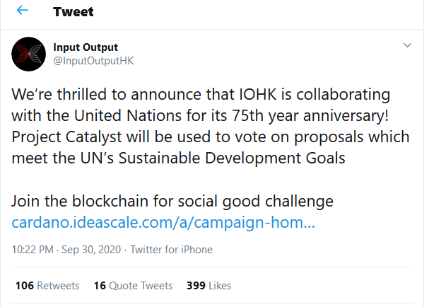 United Nations (UN) Adopts Cardano’s Project Catalyst in a New Partnership with IOHK