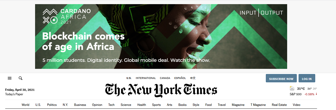 Cardano-Africa Advert Currently On New York Times Homepage