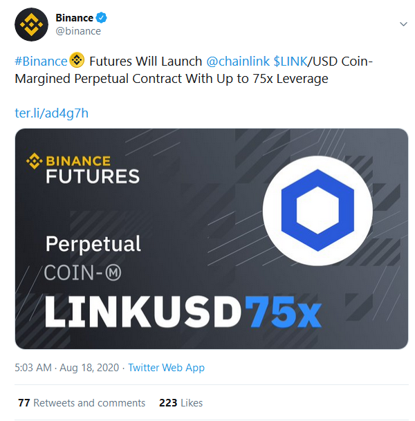 Binance to Launch LINK/USD Perpetual Contract With Up to 75x Leverage