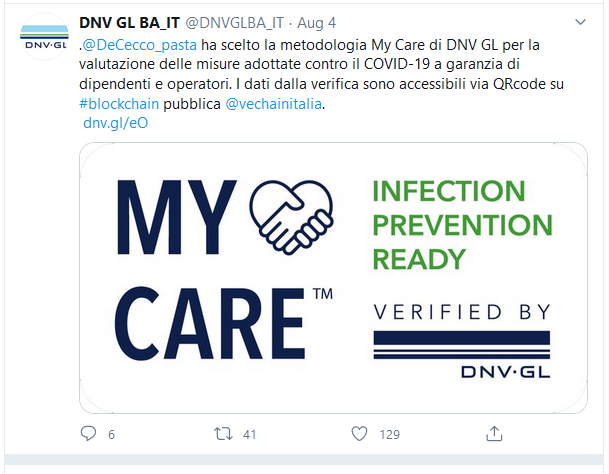 Italy-Based Pasta Producer Adopts VeChain’s My Care to Manage Infection Risk