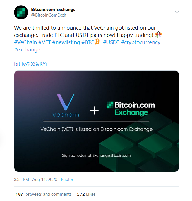 VeChain (VET) Goes Live On Bitcoin.com Exchange